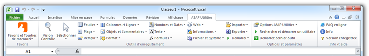 Excel 2010 avec ASAP Utilities in the menu